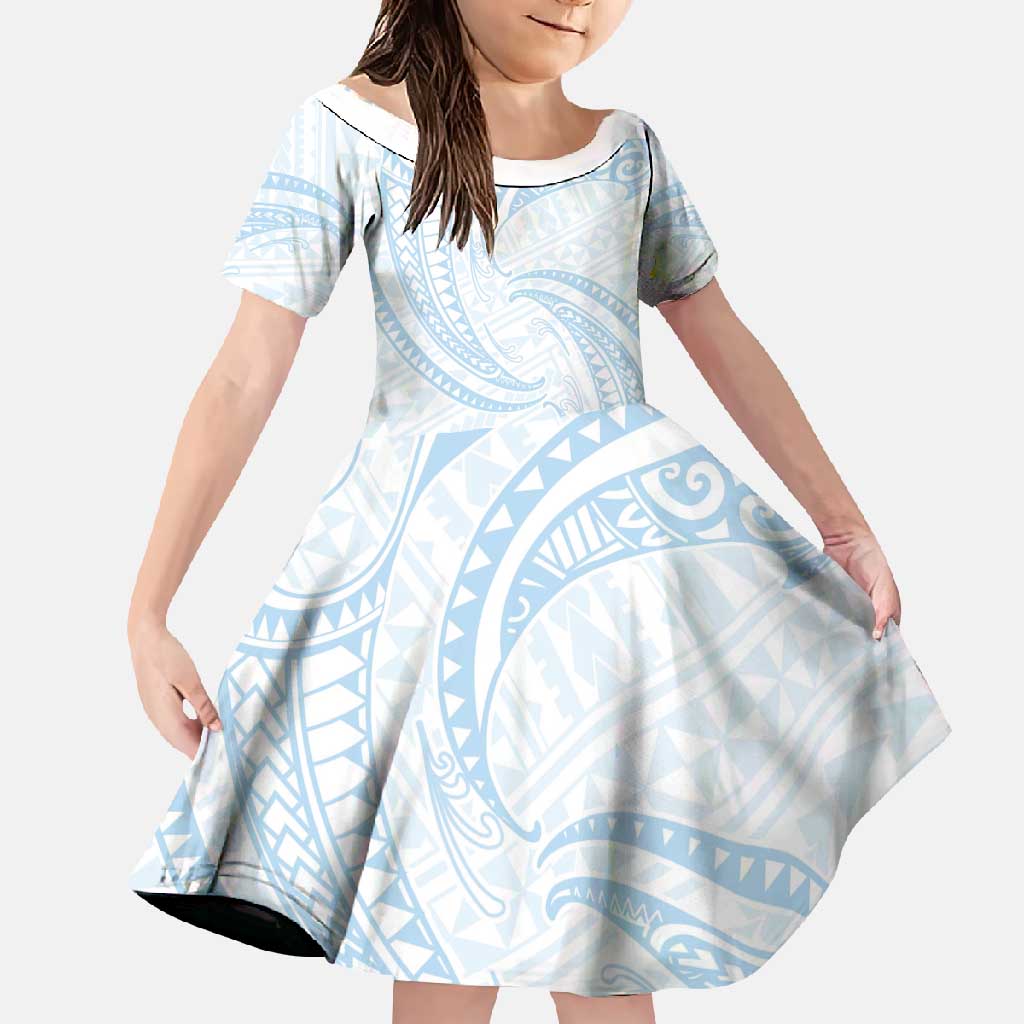 White Sunday Lotu Tamaiti Family Matching Mermaid Dress and Hawaiian Shirt Polynesian Wave Pastel Sky Blue - Polynesian Pride