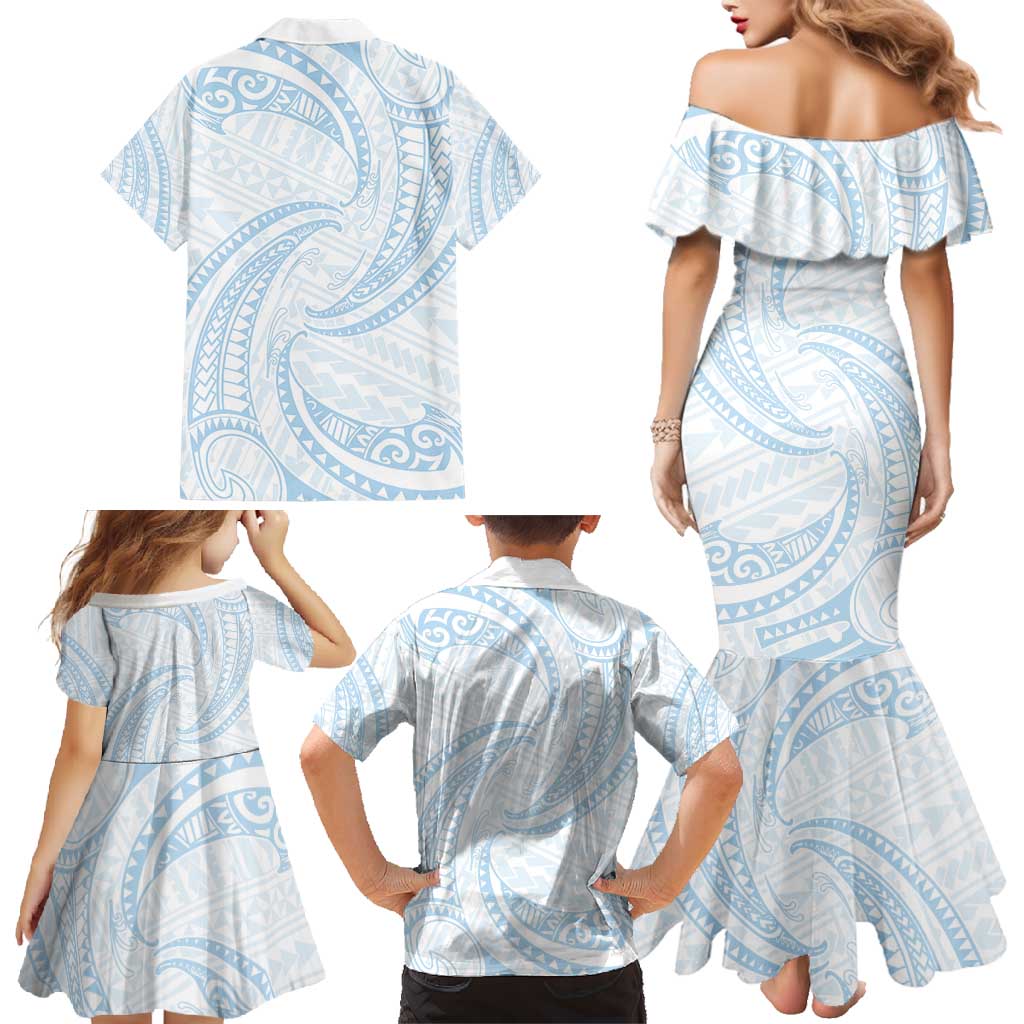 White Sunday Lotu Tamaiti Family Matching Mermaid Dress and Hawaiian Shirt Polynesian Wave Pastel Sky Blue - Polynesian Pride