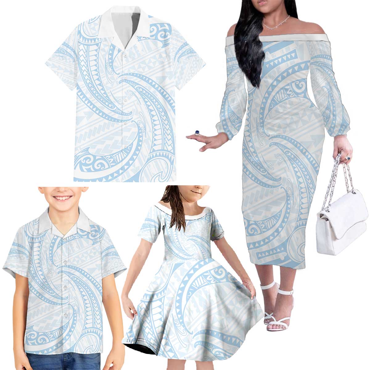 White Sunday Lotu Tamaiti Family Matching Off The Shoulder Long Sleeve Dress and Hawaiian Shirt Polynesian Wave Pastel Sky Blue - Polynesian Pride
