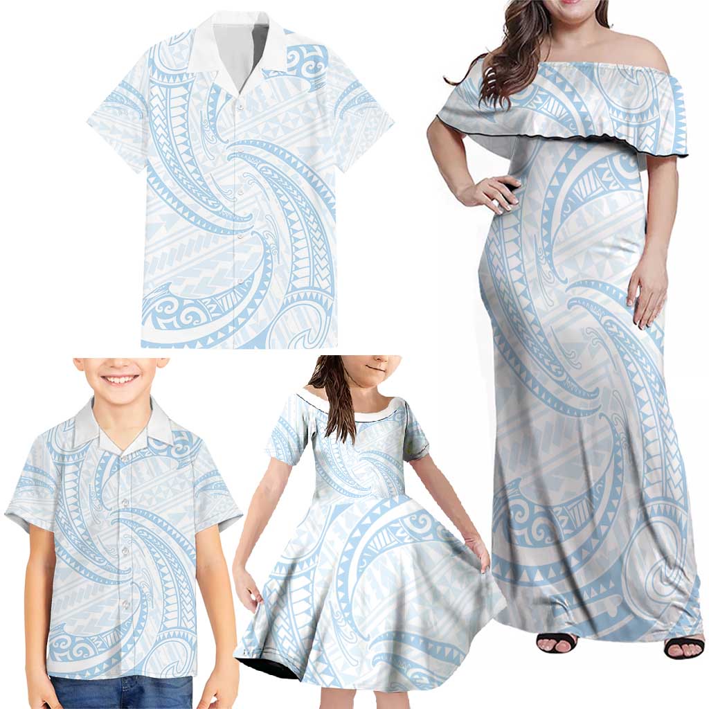White Sunday Lotu Tamaiti Family Matching Off Shoulder Maxi Dress and Hawaiian Shirt Polynesian Wave Pastel Sky Blue - Polynesian Pride