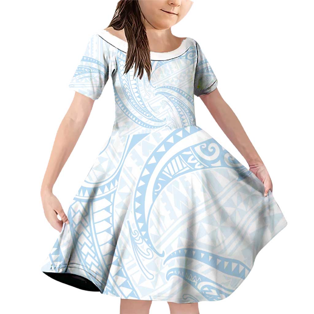 White Sunday Lotu Tamaiti Family Matching Off Shoulder Short Dress and Hawaiian Shirt Polynesian Wave Pastel Sky Blue - Polynesian Pride