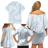 White Sunday Lotu Tamaiti Family Matching Off Shoulder Short Dress and Hawaiian Shirt Polynesian Wave Pastel Sky Blue - Polynesian Pride