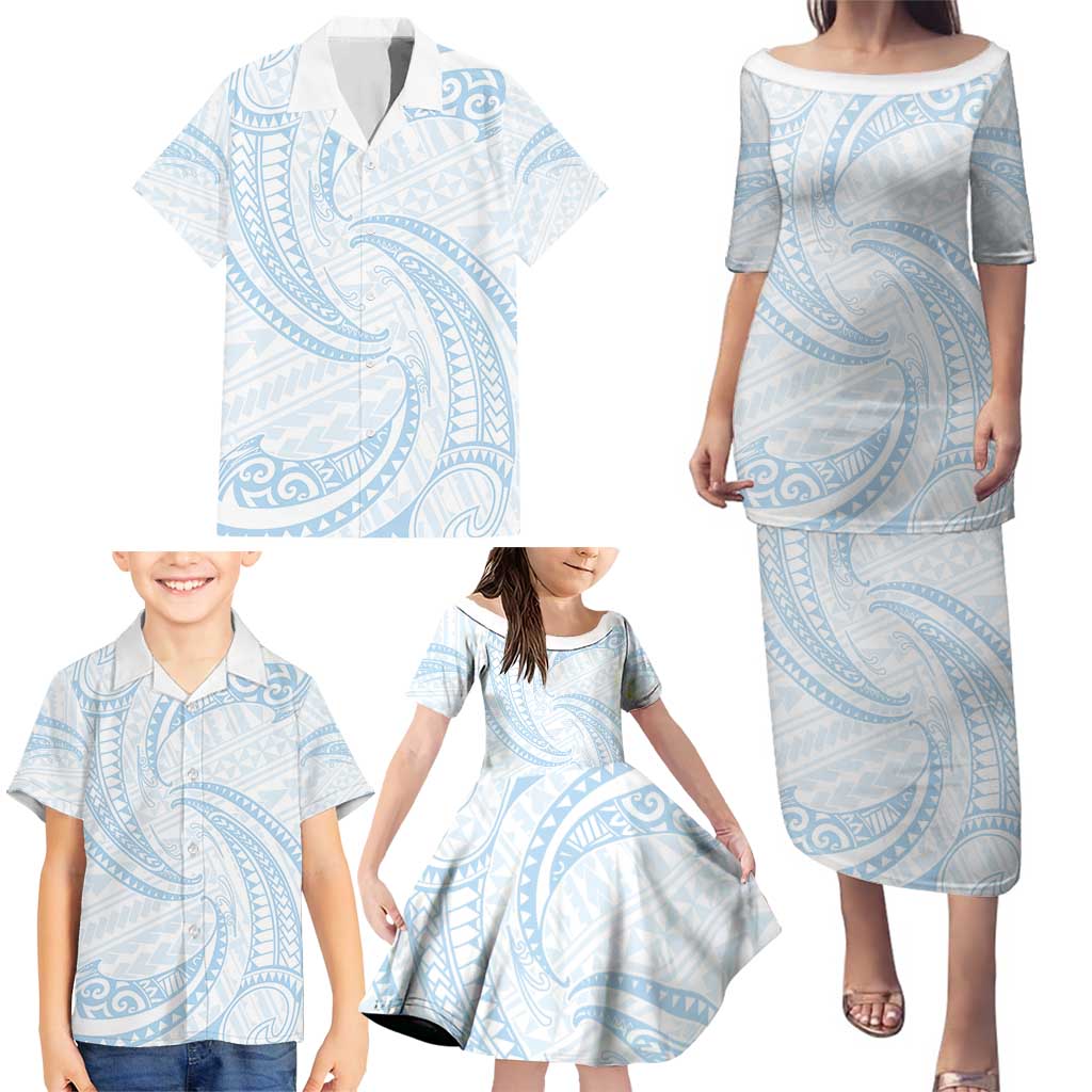 White Sunday Lotu Tamaiti Family Matching Puletasi and Hawaiian Shirt Polynesian Wave Pastel Sky Blue - Polynesian Pride