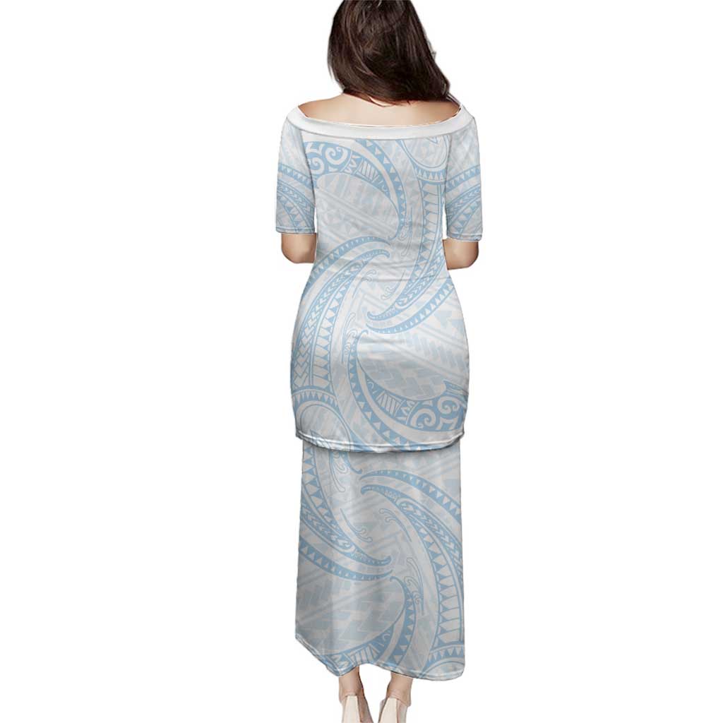 White Sunday Lotu Tamaiti Family Matching Puletasi and Hawaiian Shirt Polynesian Wave Pastel Sky Blue - Polynesian Pride