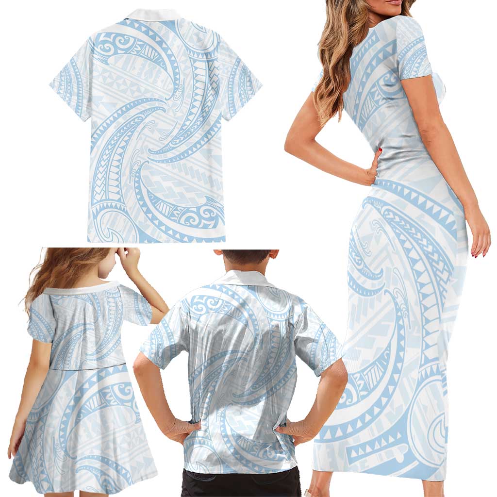 White Sunday Lotu Tamaiti Family Matching Short Sleeve Bodycon Dress and Hawaiian Shirt Polynesian Wave Pastel Sky Blue - Polynesian Pride