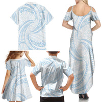 White Sunday Lotu Tamaiti Family Matching Summer Maxi Dress and Hawaiian Shirt Polynesian Wave Pastel Sky Blue - Polynesian Pride