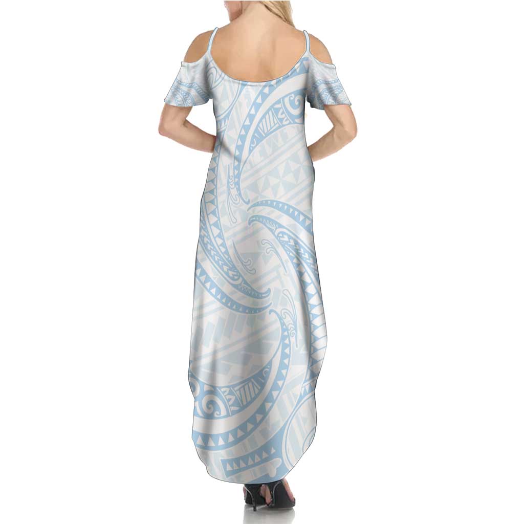 White Sunday Lotu Tamaiti Family Matching Summer Maxi Dress and Hawaiian Shirt Polynesian Wave Pastel Sky Blue - Polynesian Pride