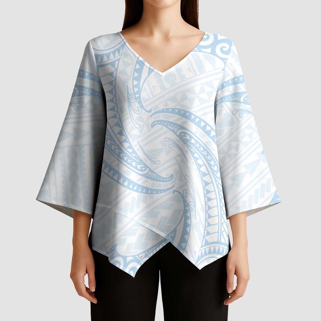 White Sunday Lotu Tamaiti Kimono Sleeve Blouse Polynesian Wave Pastel Sky Blue - Polynesian Pride