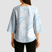 White Sunday Lotu Tamaiti Kimono Sleeve Blouse Polynesian Wave Pastel Sky Blue - Polynesian Pride