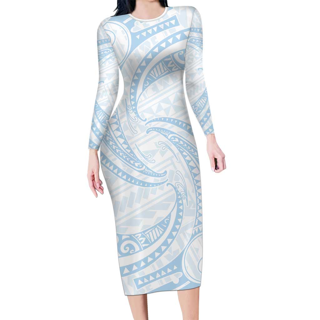 White Sunday Lotu Tamaiti Long Sleeve Bodycon Dress Polynesian Wave Pastel Sky Blue - Polynesian Pride