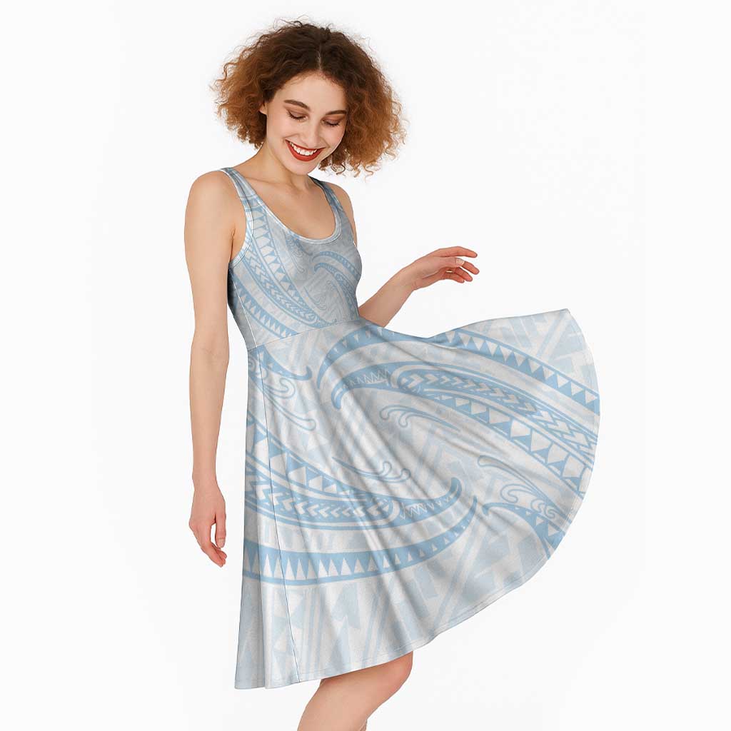 White Sunday Lotu Tamaiti Midi Dress Polynesian Wave Pastel Sky Blue - Polynesian Pride