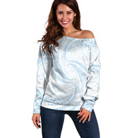 White Sunday Lotu Tamaiti Off Shoulder Sweater Polynesian Wave Pastel Sky Blue - Polynesian Pride