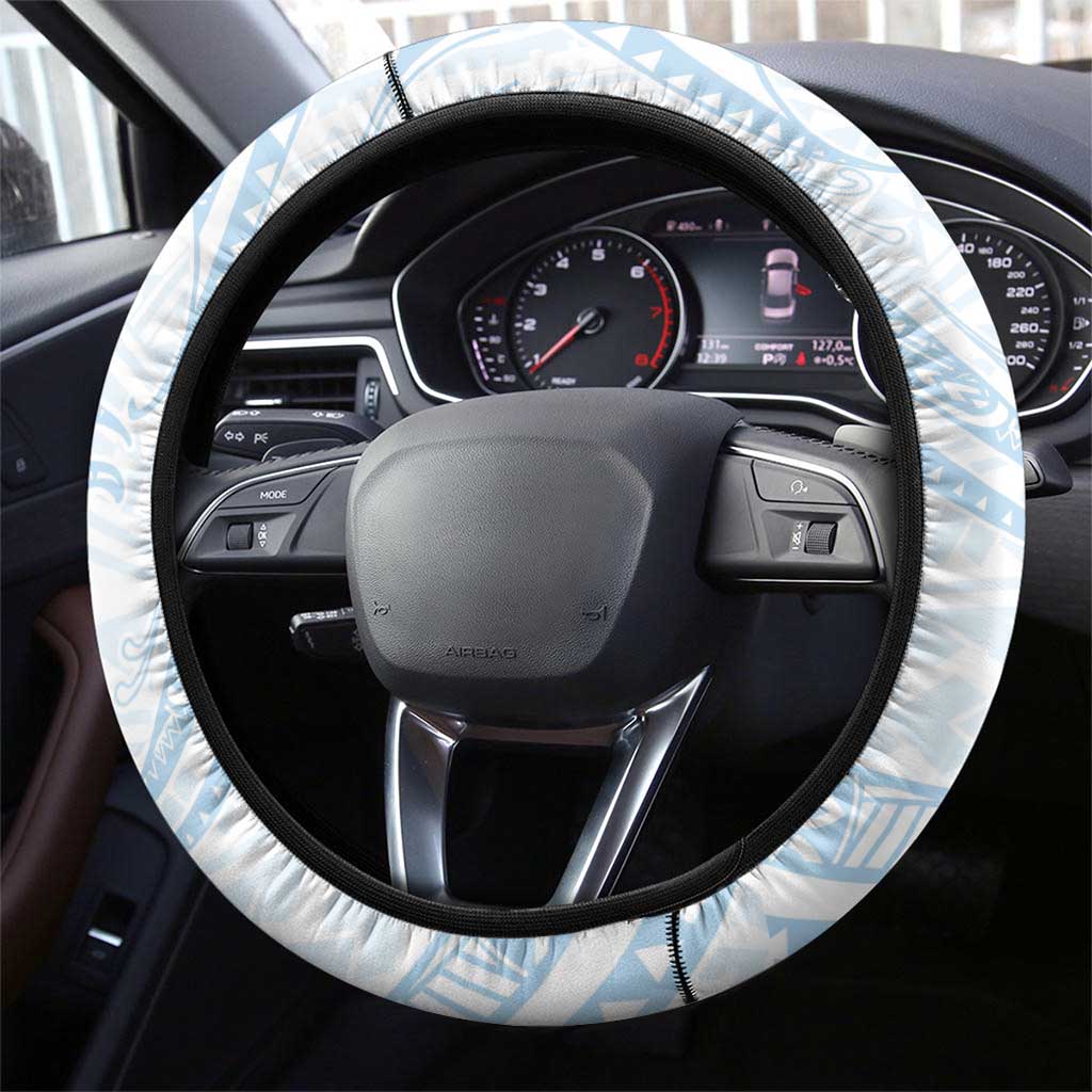 White Sunday Lotu Tamaiti Steering Wheel Cover Polynesian Wave Pastel Sky Blue - Polynesian Pride