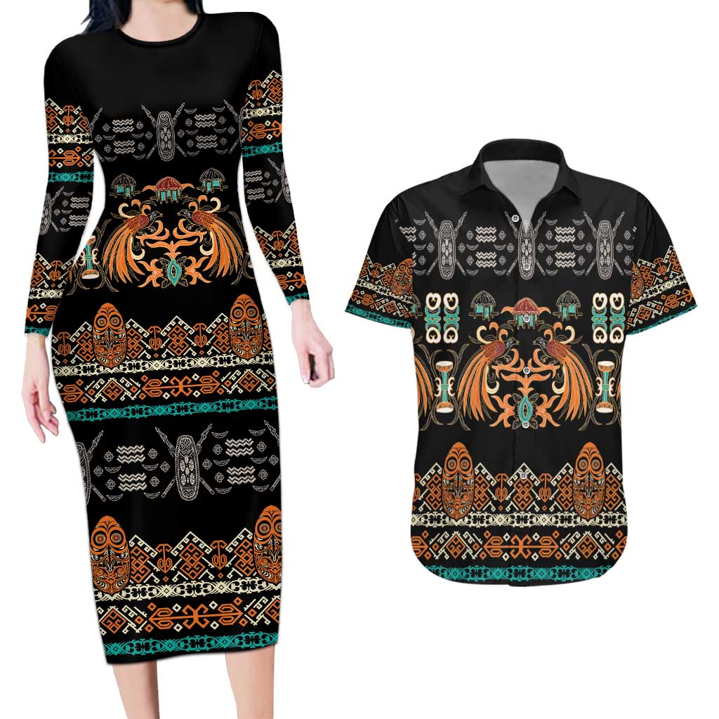 Black Batik Papua-inspired Pattern Couples Matching Long Sleeve Bodycon Dress and Hawaiian Shirt - Polynesian Pride