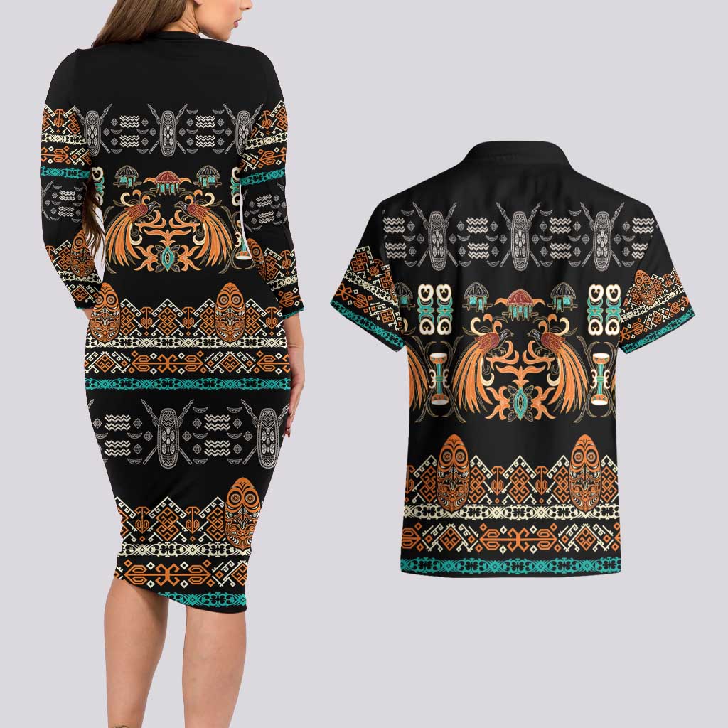 Black Batik Papua-inspired Pattern Couples Matching Long Sleeve Bodycon Dress and Hawaiian Shirt - Polynesian Pride