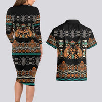 Black Batik Papua-inspired Pattern Couples Matching Long Sleeve Bodycon Dress and Hawaiian Shirt - Polynesian Pride