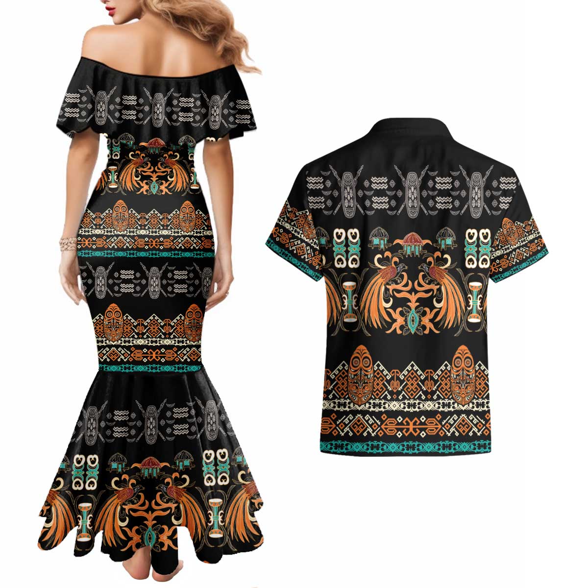 Black Batik Papua-inspired Pattern Couples Matching Mermaid Dress and Hawaiian Shirt - Polynesian Pride