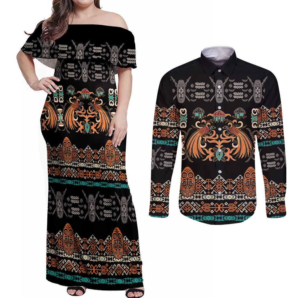 Black Batik Papua-inspired Pattern Couples Matching Off Shoulder Maxi Dress and Long Sleeve Button Shirt - Polynesian Pride