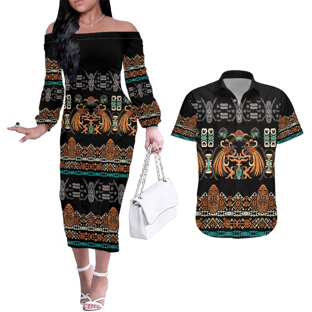 Black Batik Papua-inspired Pattern Couples Matching Off The Shoulder Long Sleeve Dress and Hawaiian Shirt - Polynesian Pride
