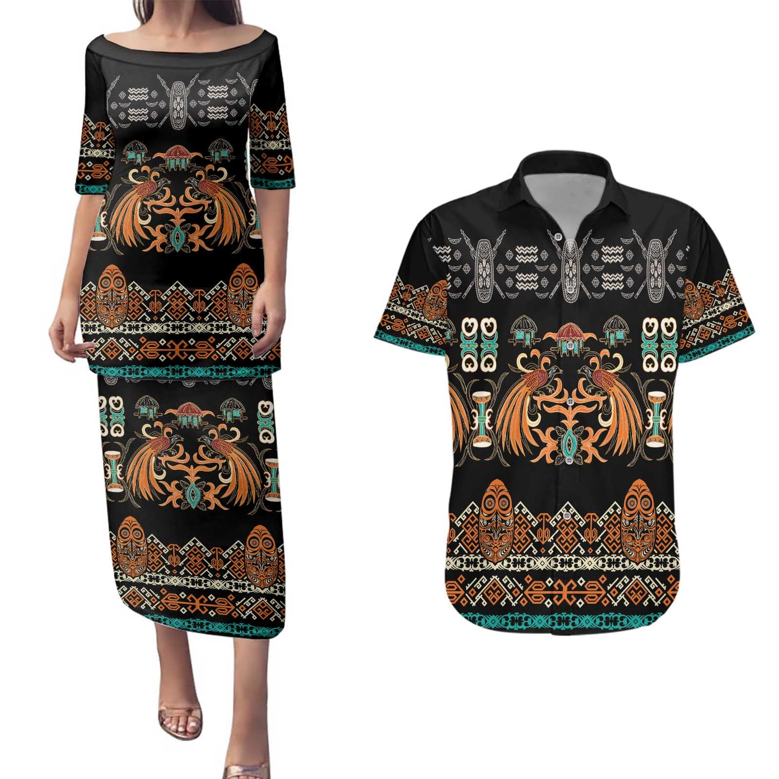 Black Batik Papua-inspired Pattern Couples Matching Puletasi and Hawaiian Shirt - Polynesian Pride