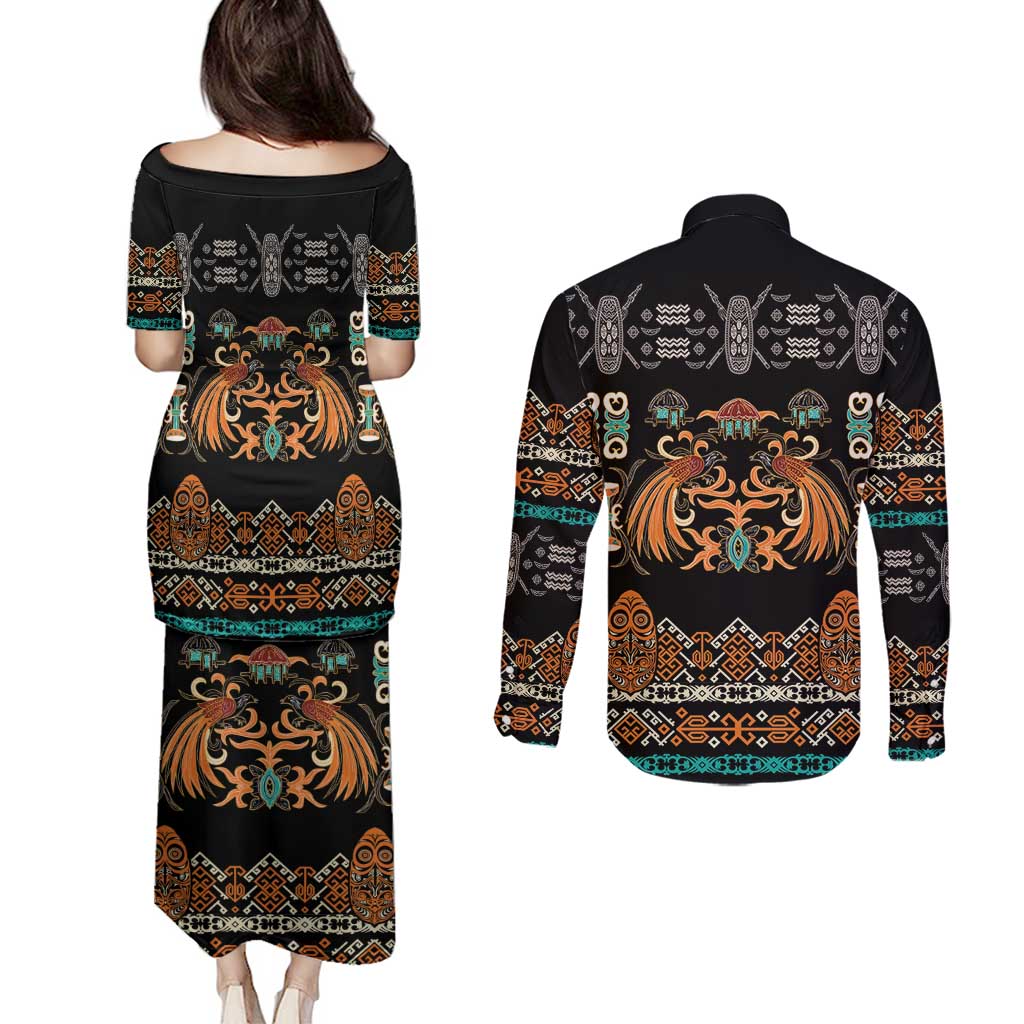 Black Batik Papua-inspired Pattern Couples Matching Puletasi and Long Sleeve Button Shirt - Polynesian Pride