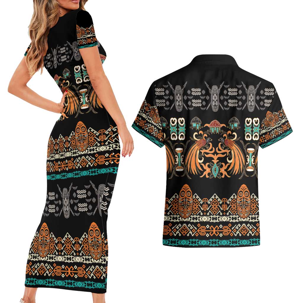 Black Batik Papua-inspired Pattern Couples Matching Short Sleeve Bodycon Dress and Hawaiian Shirt - Polynesian Pride