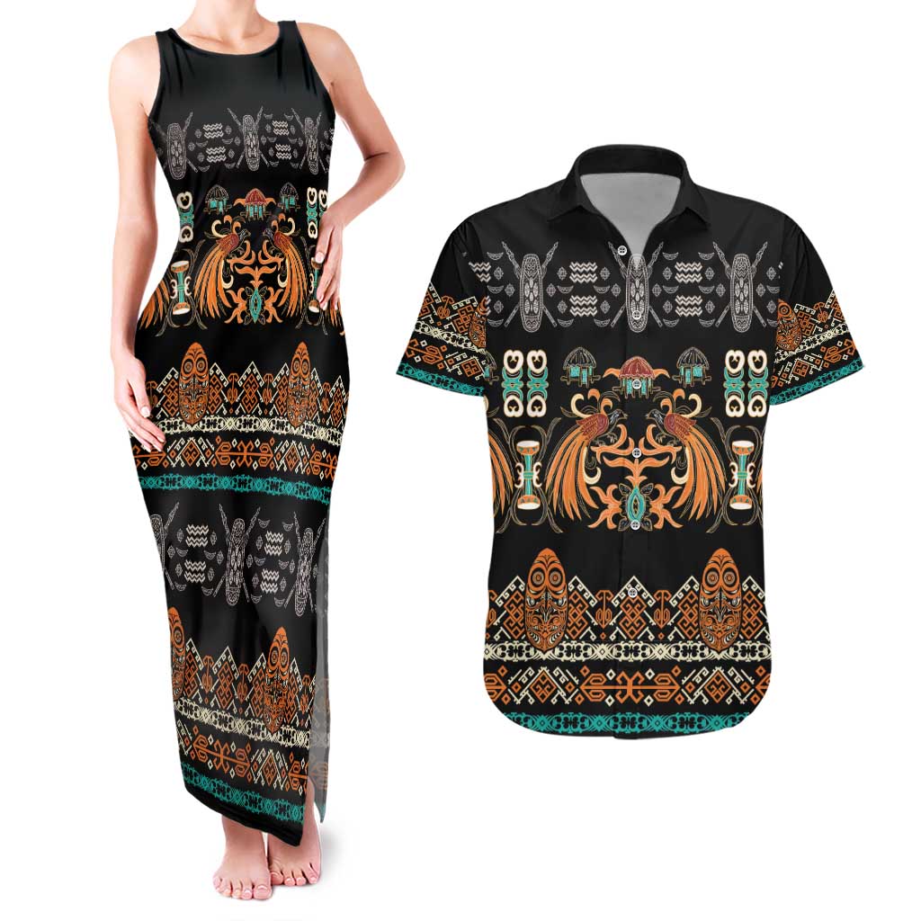 Black Batik Papua-inspired Pattern Couples Matching Tank Maxi Dress and Hawaiian Shirt - Polynesian Pride