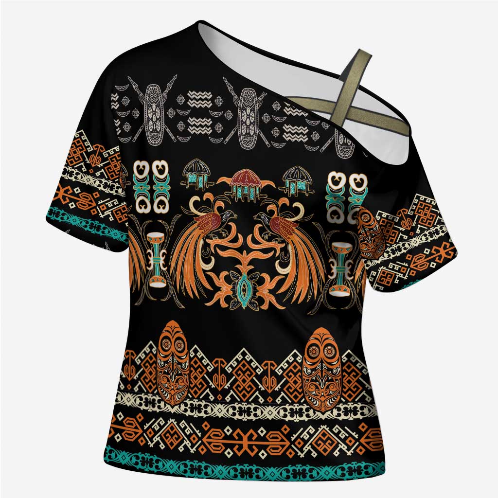 Black Batik Papua-inspired Pattern Cross Shoulder Shirt - Polynesian Pride