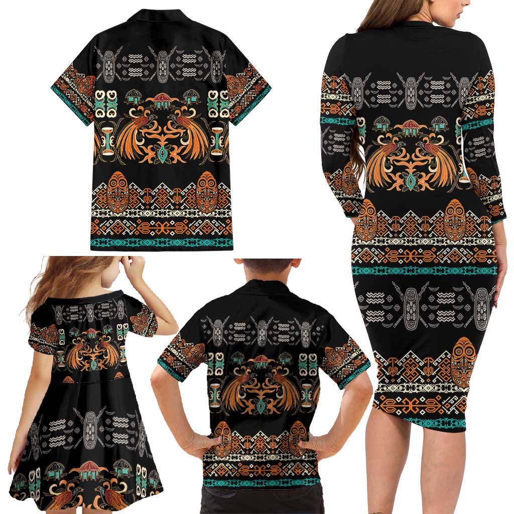 Black Batik Papua-inspired Pattern Family Matching Long Sleeve Bodycon Dress and Hawaiian Shirt - Polynesian Pride