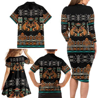Black Batik Papua-inspired Pattern Family Matching Long Sleeve Bodycon Dress and Hawaiian Shirt - Polynesian Pride
