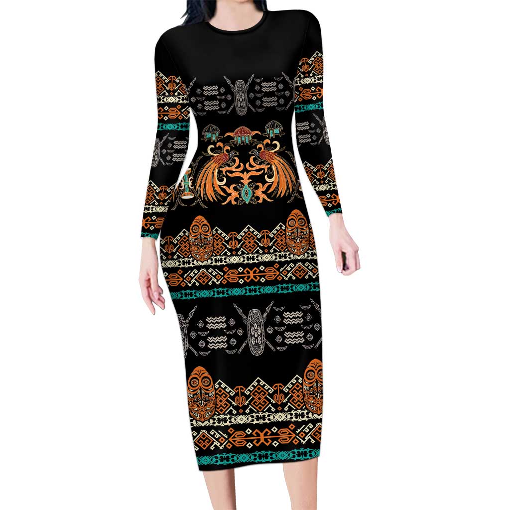 Black Batik Papua-inspired Pattern Family Matching Long Sleeve Bodycon Dress and Hawaiian Shirt - Polynesian Pride