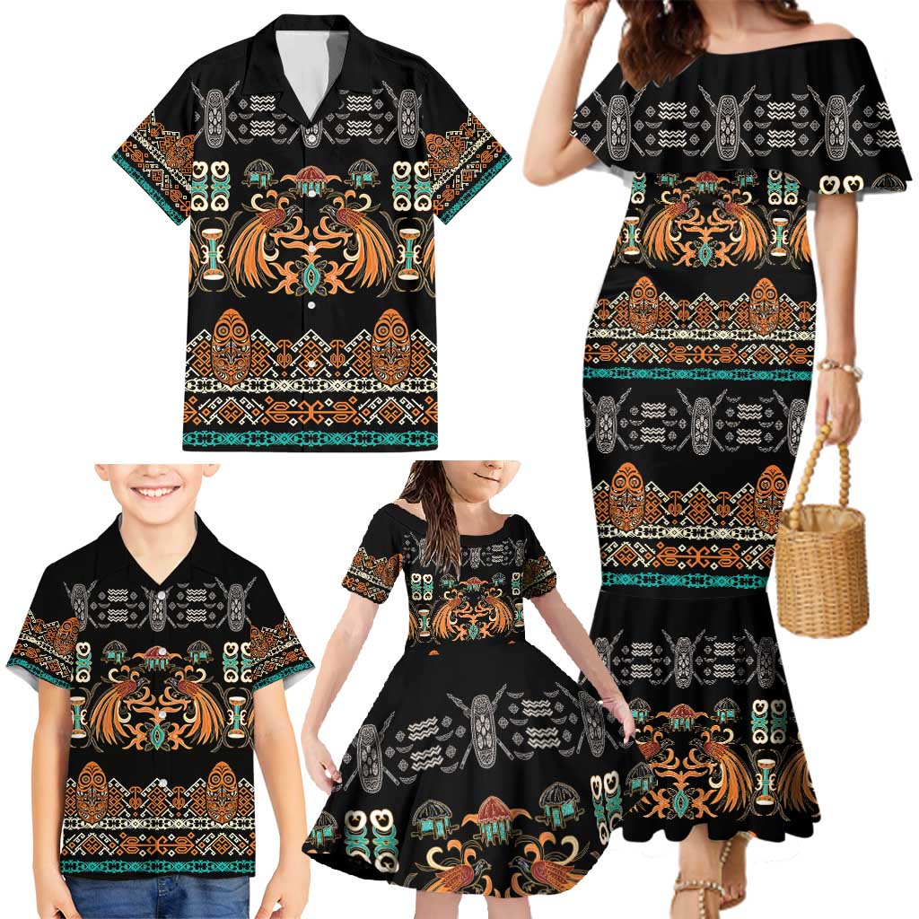 Black Batik Papua-inspired Pattern Family Matching Mermaid Dress and Hawaiian Shirt - Polynesian Pride