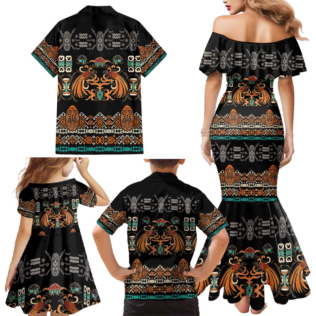 Black Batik Papua-inspired Pattern Family Matching Mermaid Dress and Hawaiian Shirt - Polynesian Pride