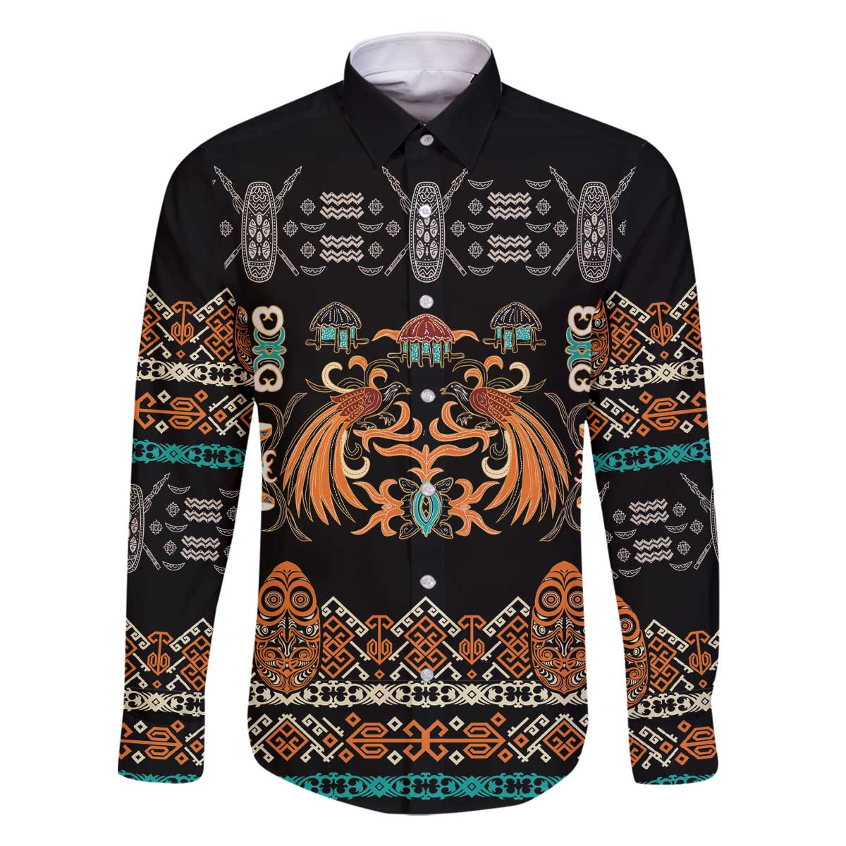 Black Batik Papua-inspired Pattern Family Matching Off The Shoulder Long Sleeve Dress and Hawaiian Shirt - Polynesian Pride