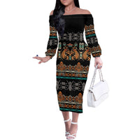 Black Batik Papua-inspired Pattern Family Matching Off The Shoulder Long Sleeve Dress and Hawaiian Shirt - Polynesian Pride