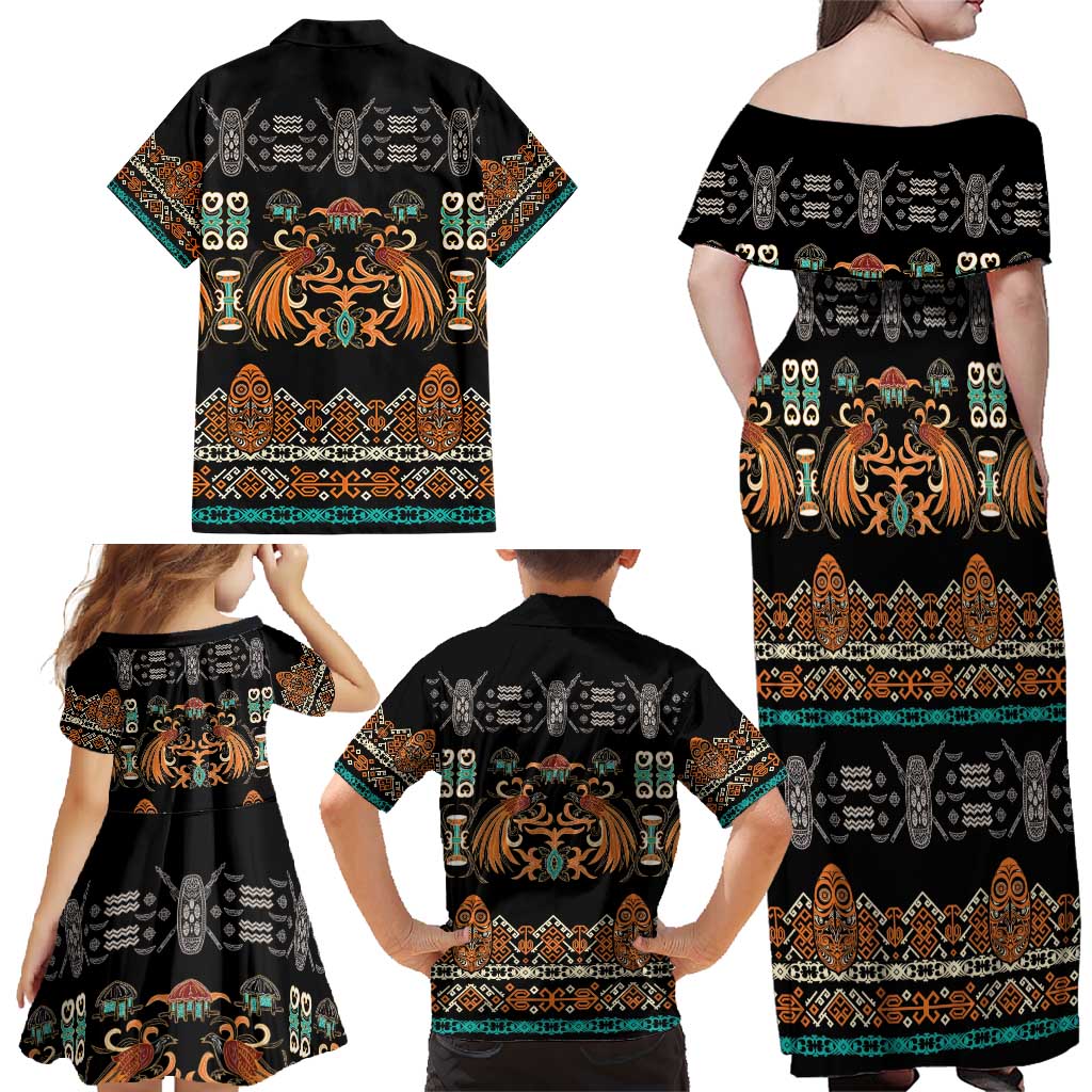 Black Batik Papua-inspired Pattern Family Matching Off Shoulder Maxi Dress and Hawaiian Shirt - Polynesian Pride