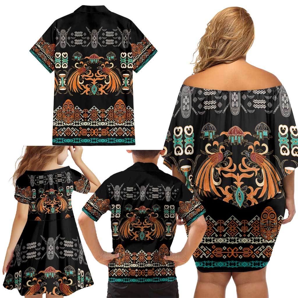 Black Batik Papua-inspired Pattern Family Matching Off Shoulder Short Dress and Hawaiian Shirt - Polynesian Pride