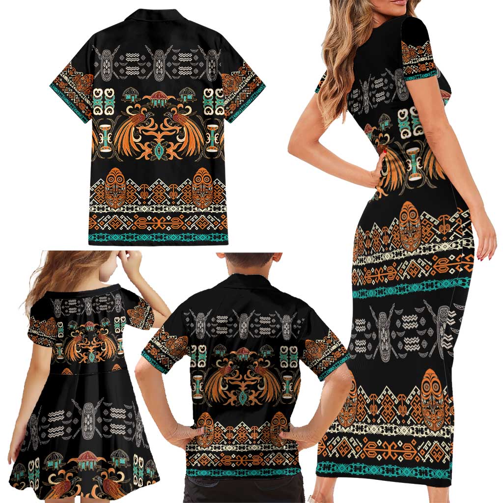 Black Batik Papua-inspired Pattern Family Matching Short Sleeve Bodycon Dress and Hawaiian Shirt - Polynesian Pride