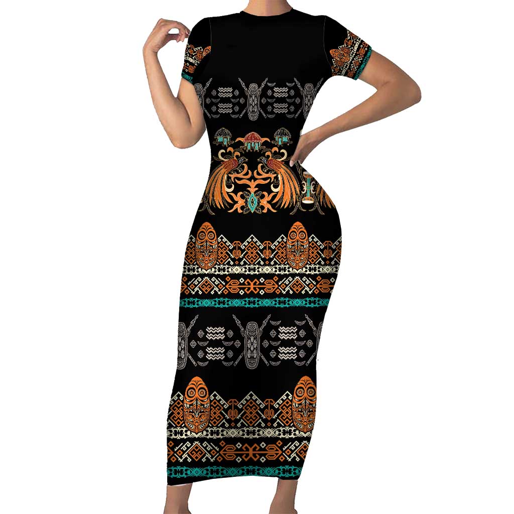 Black Batik Papua-inspired Pattern Family Matching Short Sleeve Bodycon Dress and Hawaiian Shirt - Polynesian Pride