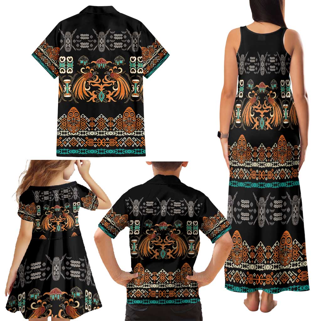 Black Batik Papua-inspired Pattern Family Matching Tank Maxi Dress and Hawaiian Shirt - Polynesian Pride