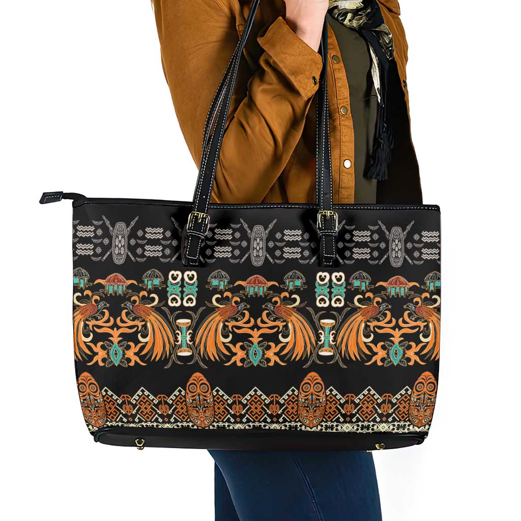 Black Batik Papua-inspired Pattern Leather Tote Bag - Polynesian Pride