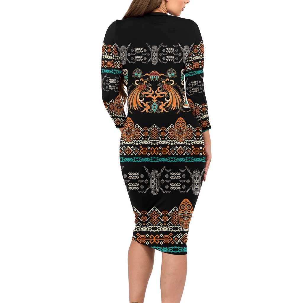 Black Batik Papua-inspired Pattern Long Sleeve Bodycon Dress - Polynesian Pride