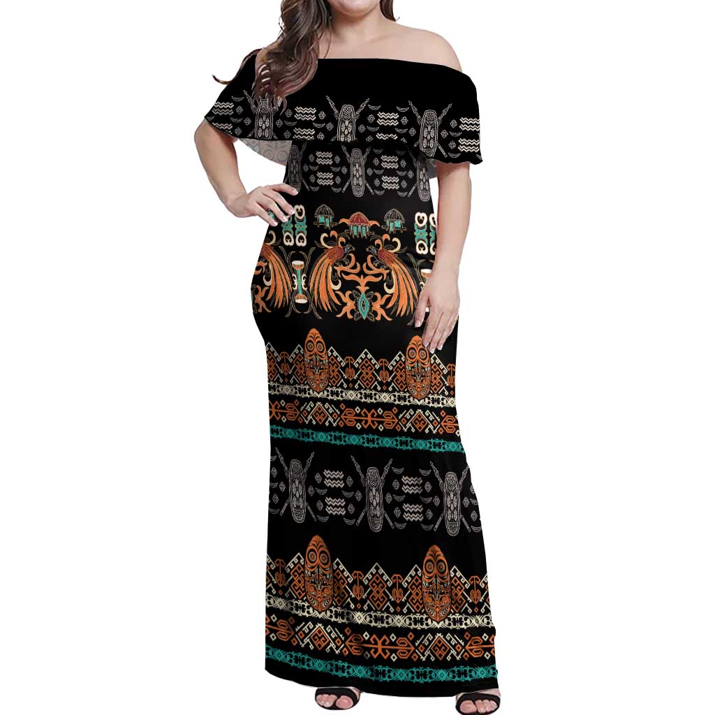 Black Batik Papua-inspired Pattern Off Shoulder Maxi Dress LT9 Women Black - Polynesian Pride