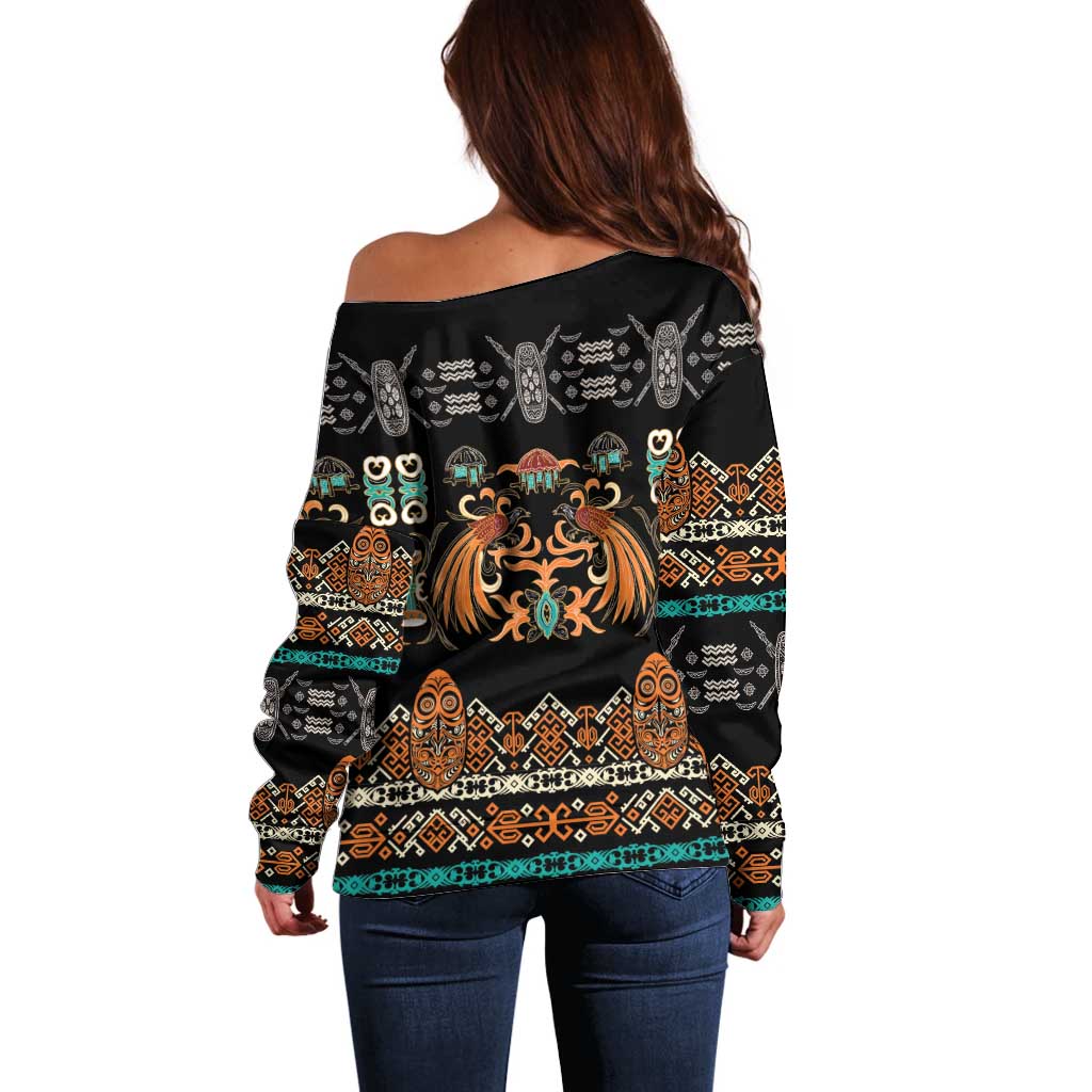 Black Batik Papua-inspired Pattern Off Shoulder Sweater - Polynesian Pride