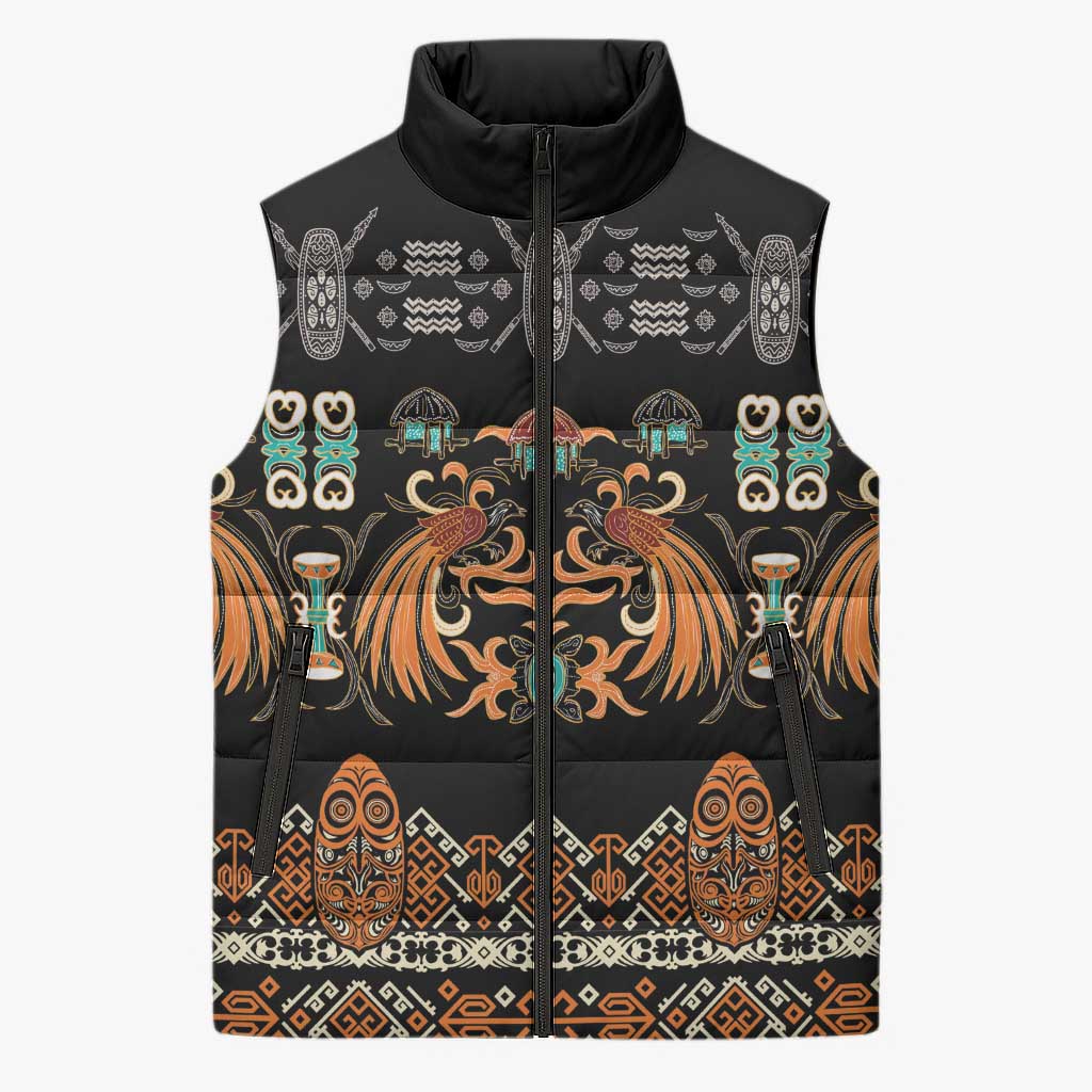 Black Batik Papua-inspired Pattern Sleeveless Puffer Jacket - Polynesian Pride