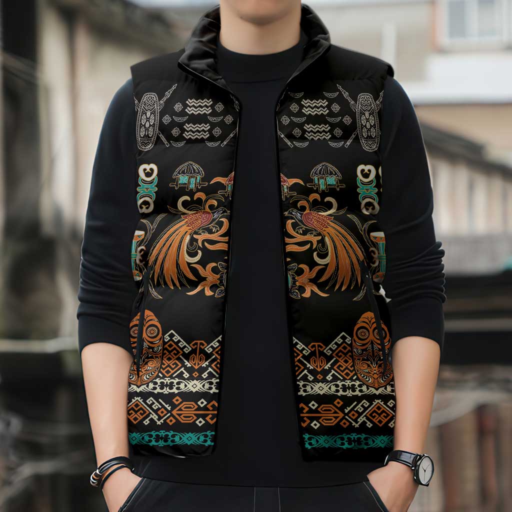 Black Batik Papua-inspired Pattern Sleeveless Puffer Jacket - Polynesian Pride