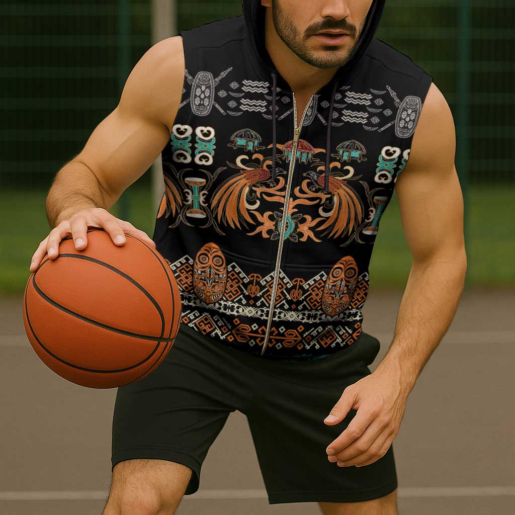 Black Batik Papua-inspired Pattern Sleeveless Zip Hoodie - Polynesian Pride