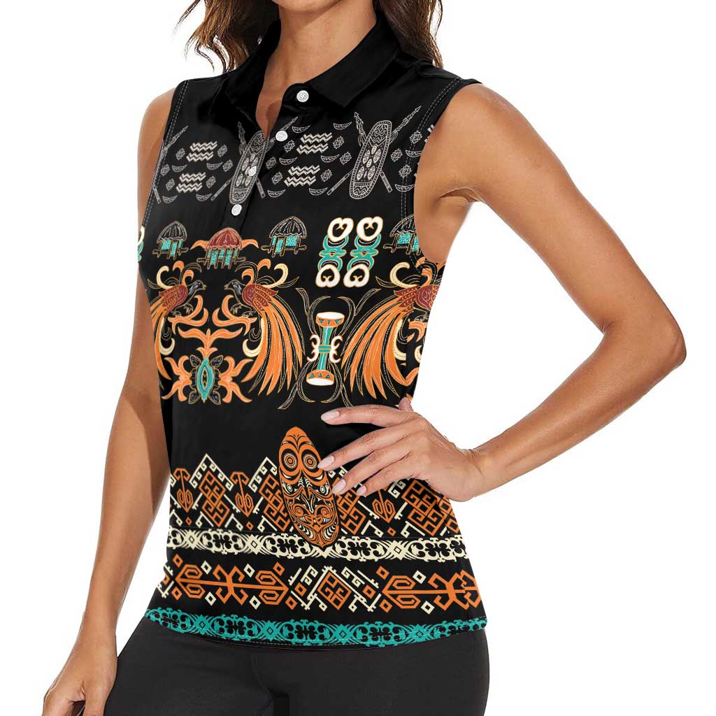 Black Batik Papua-inspired Pattern Women Sleeveless Polo Shirt - Polynesian Pride