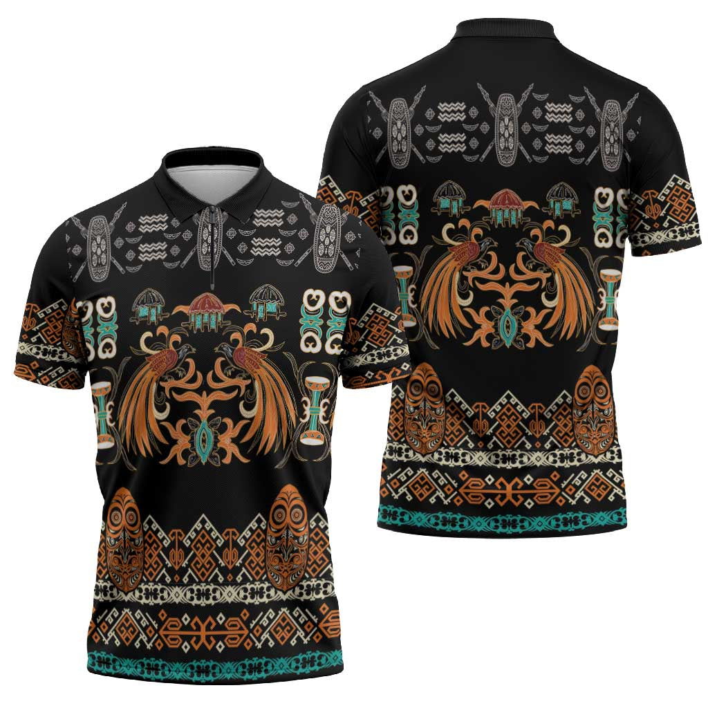 Black Batik Papua-inspired Pattern Zipper Polo Shirt - Polynesian Pride
