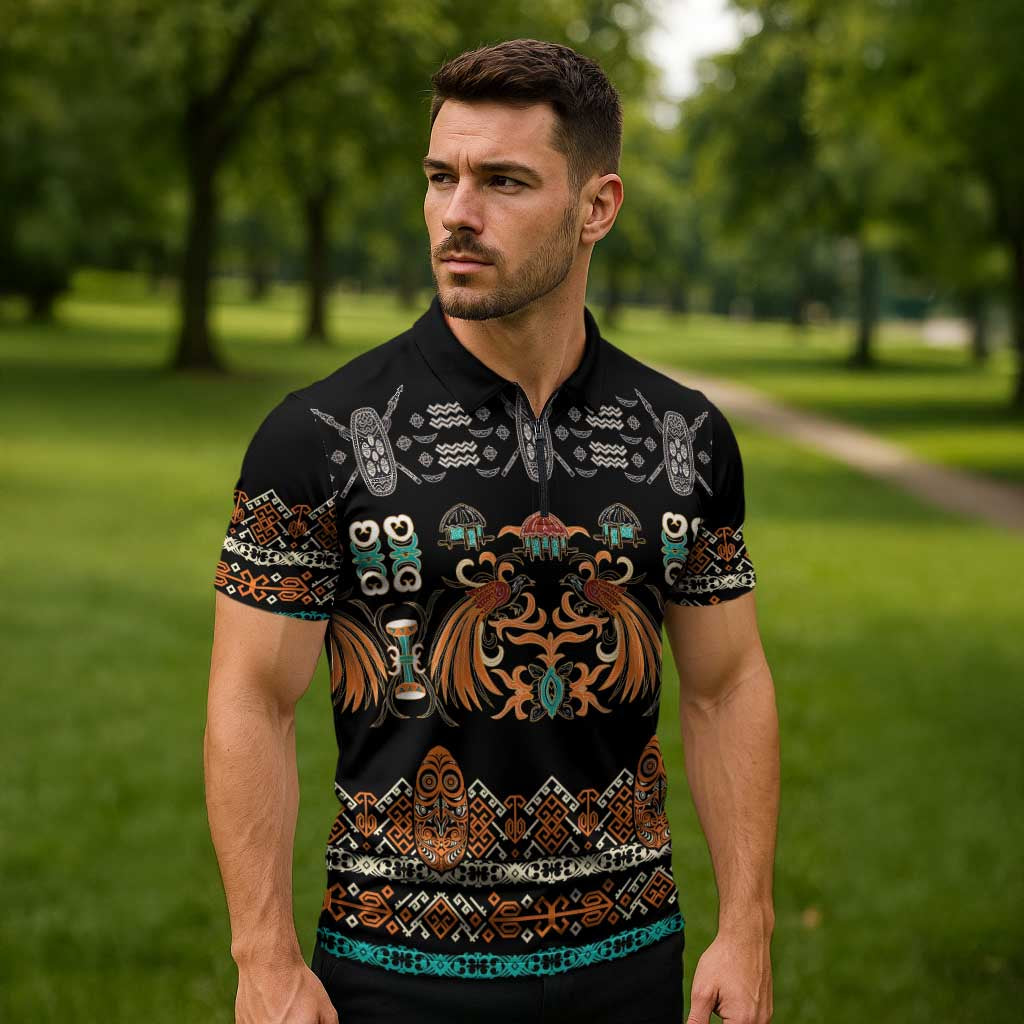 Black Batik Papua-inspired Pattern Zipper Polo Shirt - Polynesian Pride